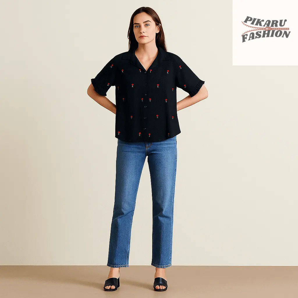 🌹 Black Rose Embroidered Shirt – Blush Tree - PIKARU FASHION