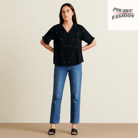 🌹 Black Rose Embroidered Shirt – Blush Tree - PIKARU FASHION