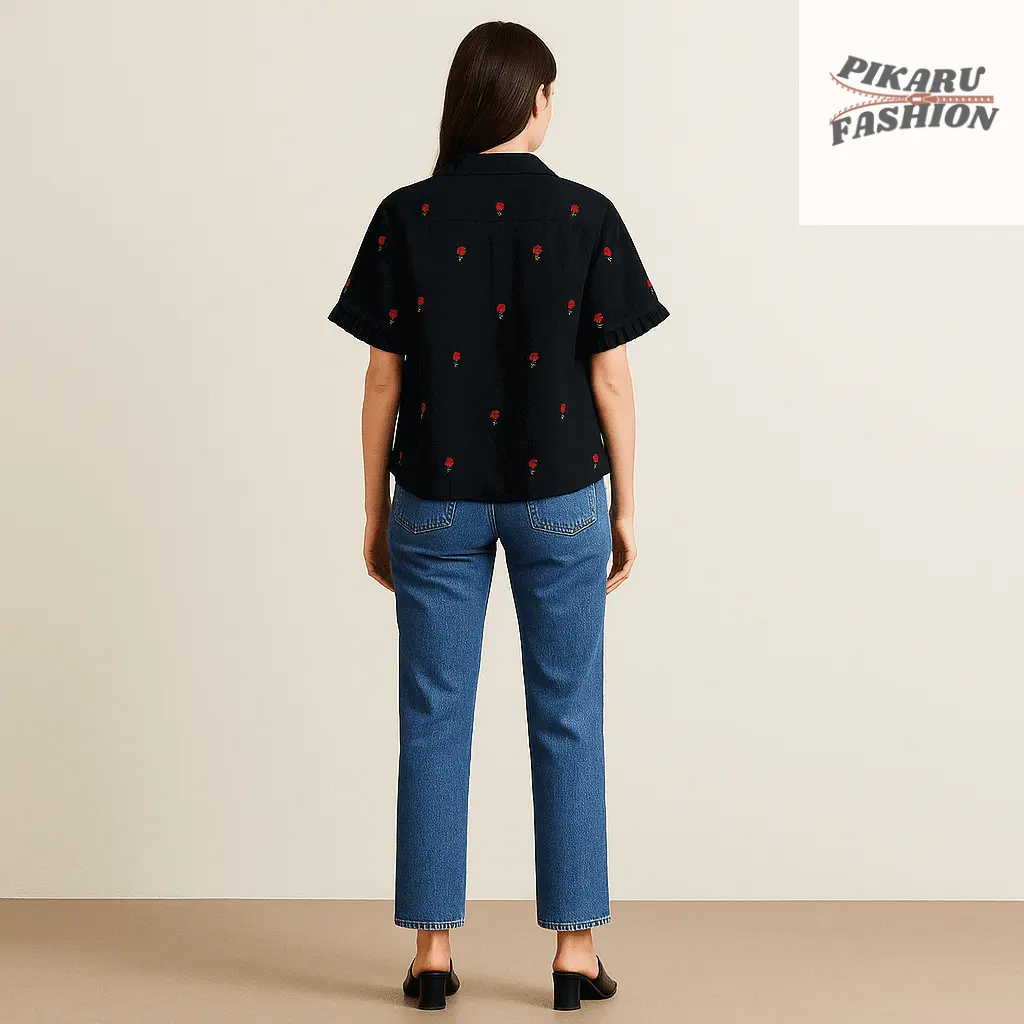 🌹 Black Rose Embroidered Shirt – Blush Tree - PIKARU FASHION