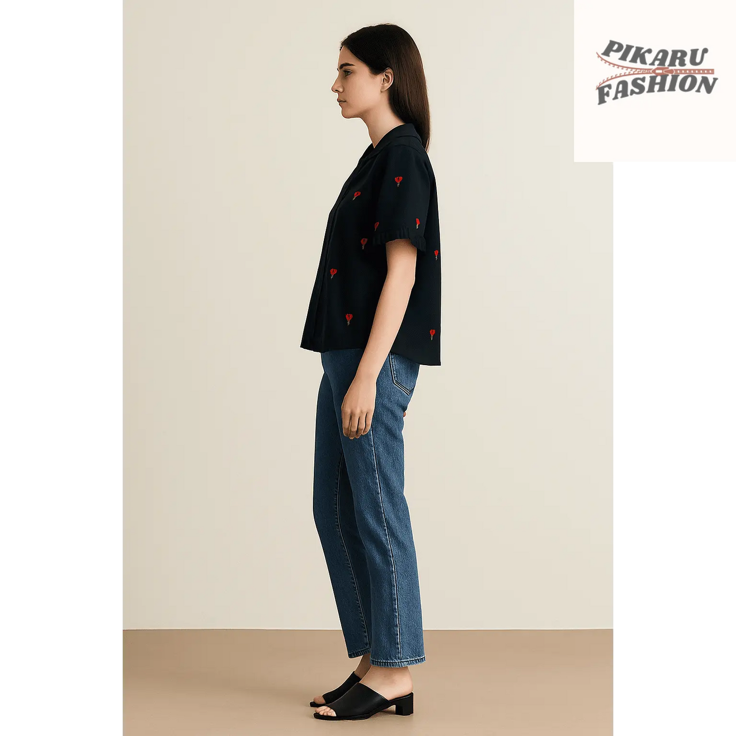 🌹 Black Rose Embroidered Shirt – Blush Tree - PIKARU FASHION