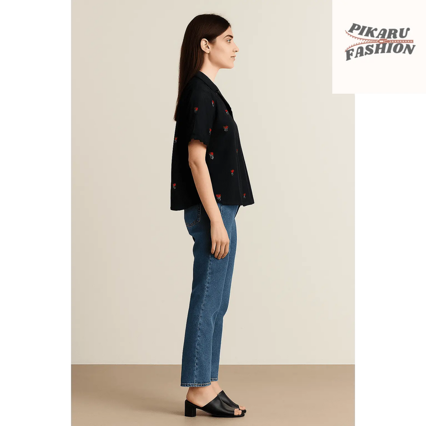 🌹 Black Rose Embroidered Shirt – Blush Tree - PIKARU FASHION