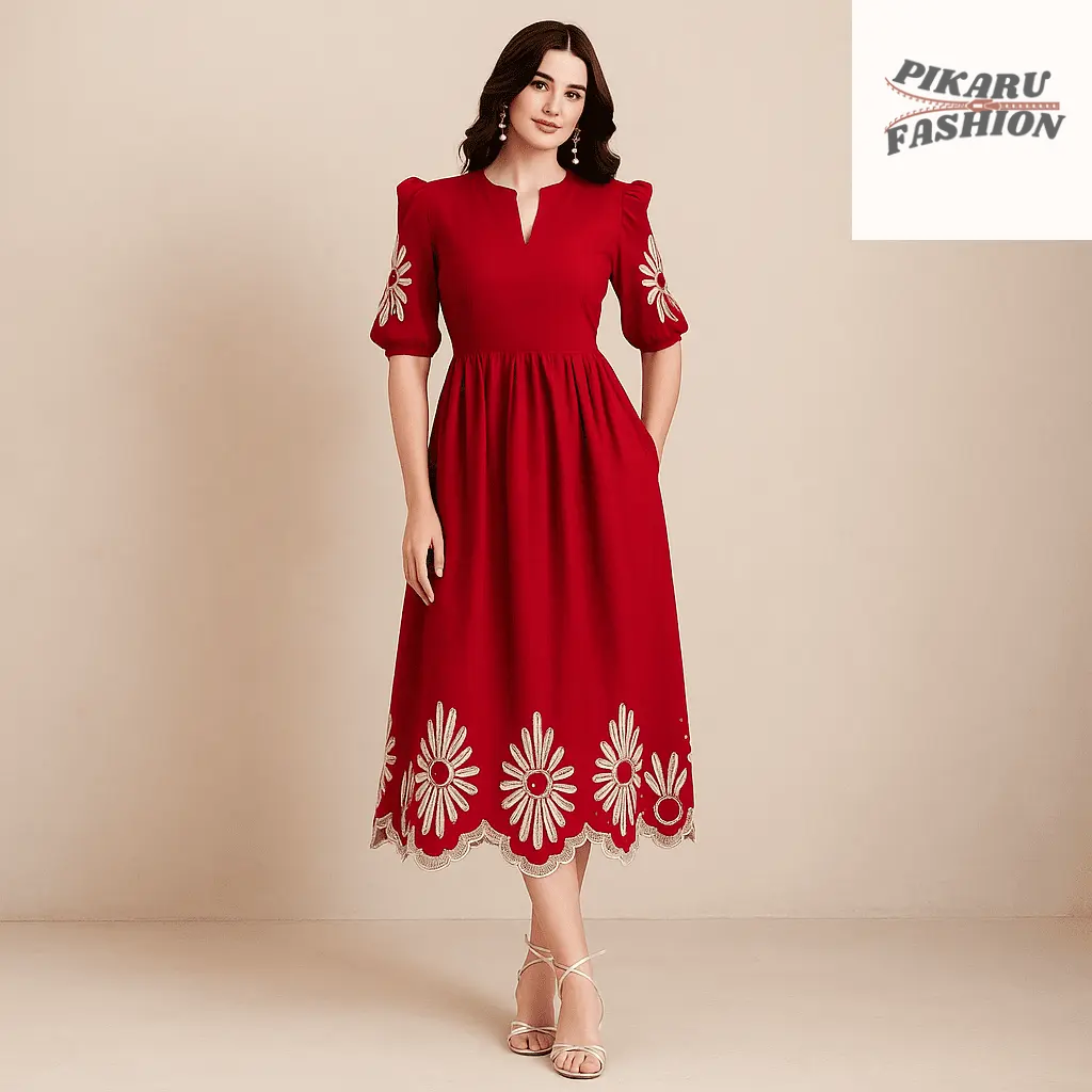 Red Embroidery Puff Sleeve Midi Dress - PIKARU FASHION