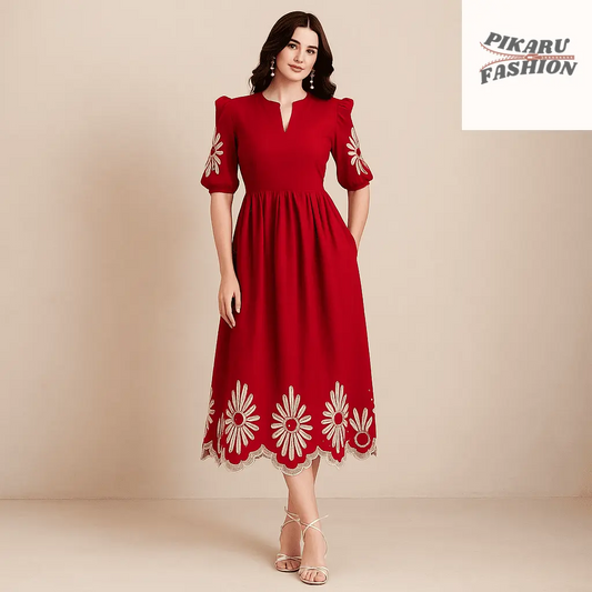 Red Embroidery Puff Sleeve Midi Dress - PIKARU FASHION