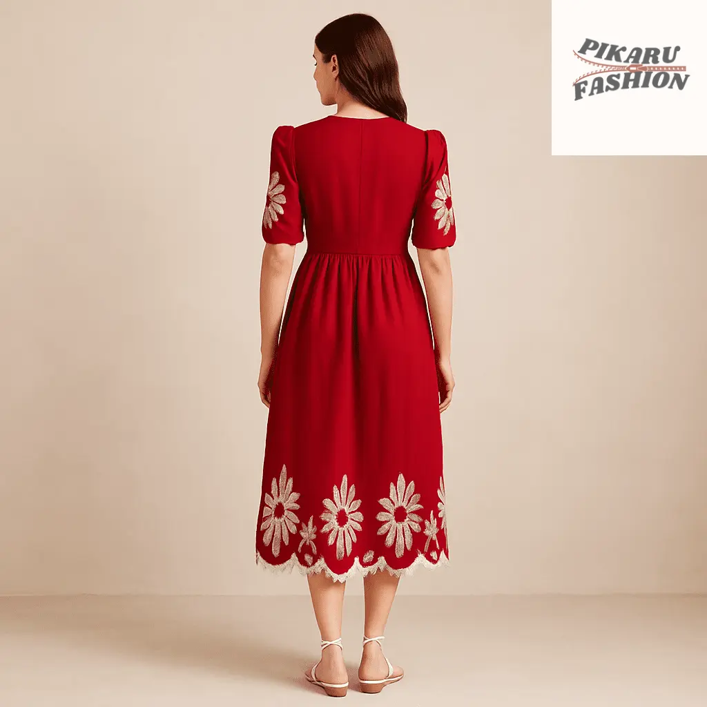 Red Embroidery Puff Sleeve Midi Dress - PIKARU FASHION