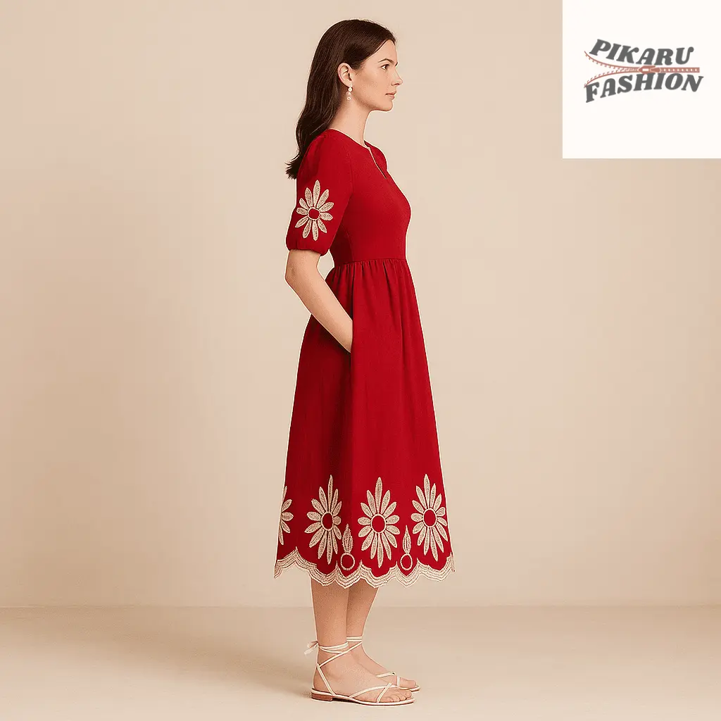 Red Embroidery Puff Sleeve Midi Dress - PIKARU FASHION