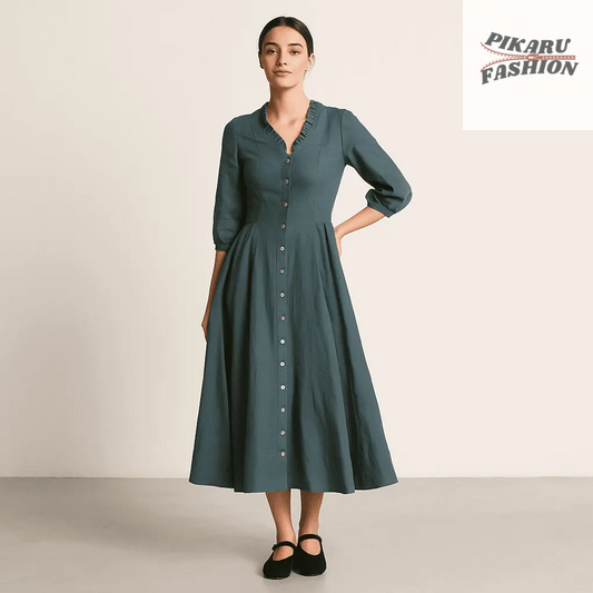 Teal Button Down Midi Dress worn by a model, showcasing its flattering fit-and-flare silhouette and button-down detailing.
