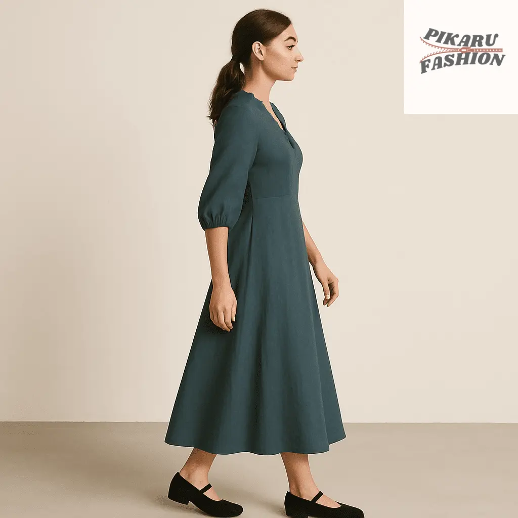 Teal Button Down Midi Dress worn by model showcasing its elegant fit-and-flare silhouette.