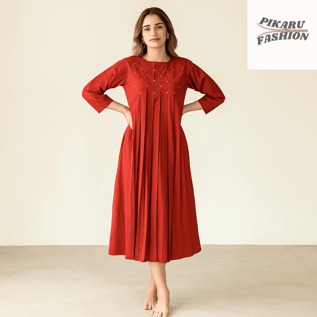 Rust Red Pleated Midi Dress - PIKARU FASHION