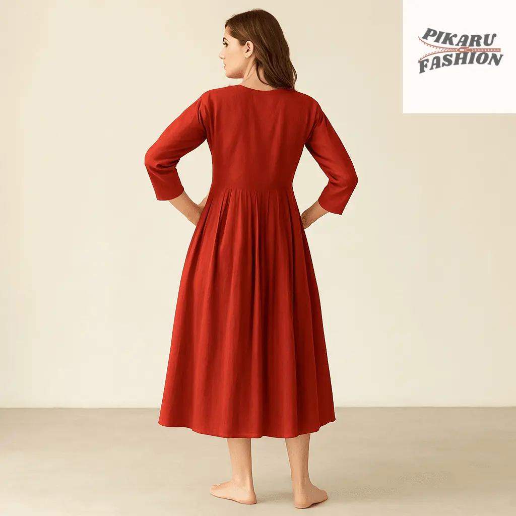 Rust Red Pleated Midi Dress - PIKARU FASHION