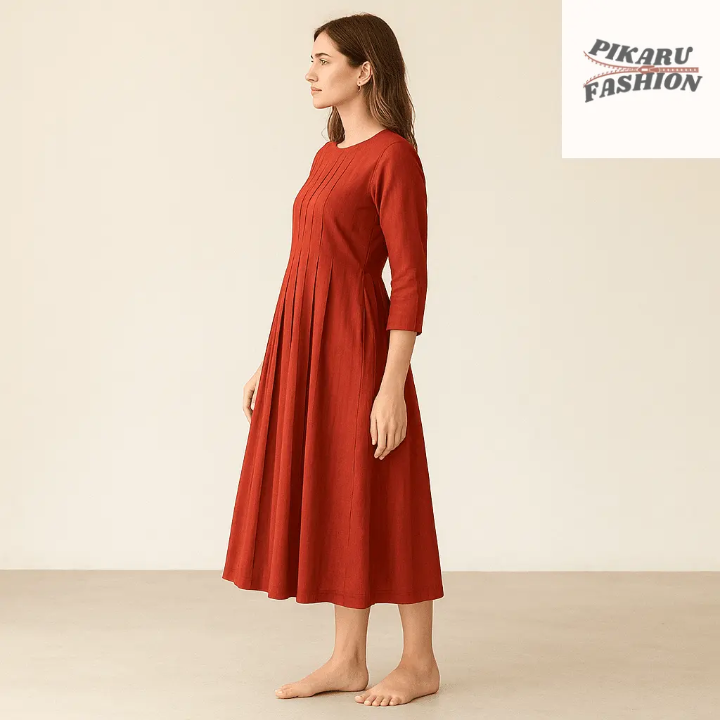 Rust Red Pleated Midi Dress - PIKARU FASHION