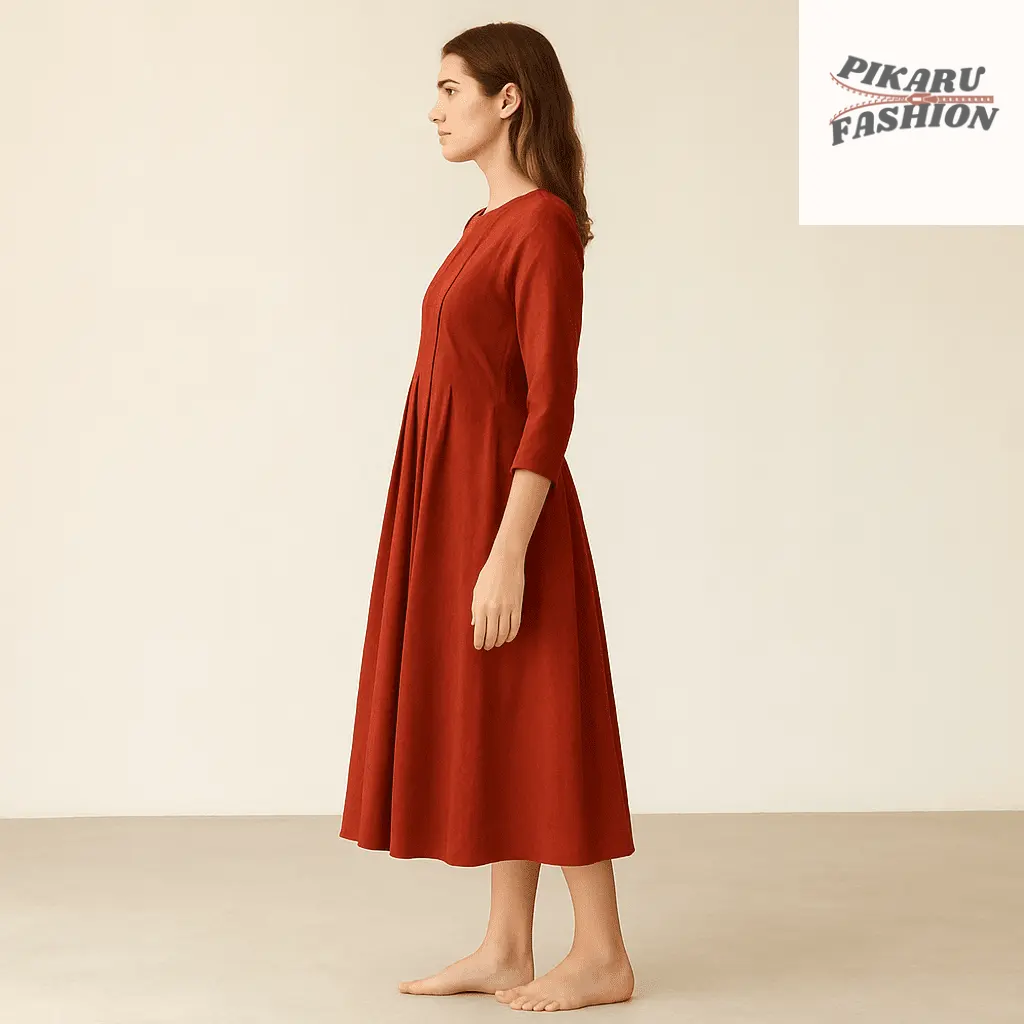 Rust Red Pleated Midi Dress - PIKARU FASHION