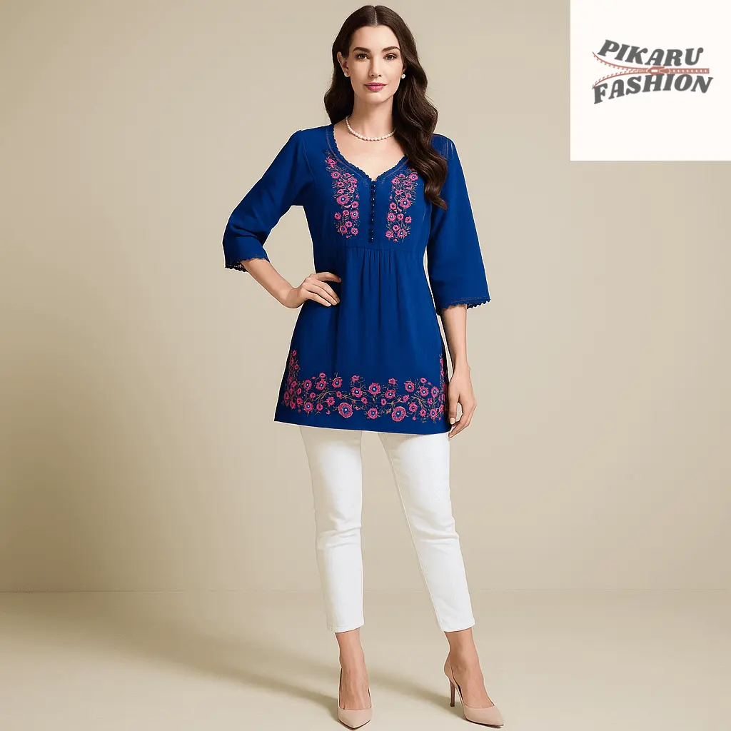 Royal Blue Floral Embroidered Tunic Top - PIKARU FASHION