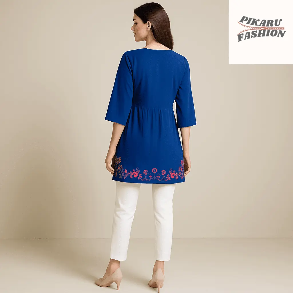 Royal Blue Floral Embroidered Tunic Top - PIKARU FASHION