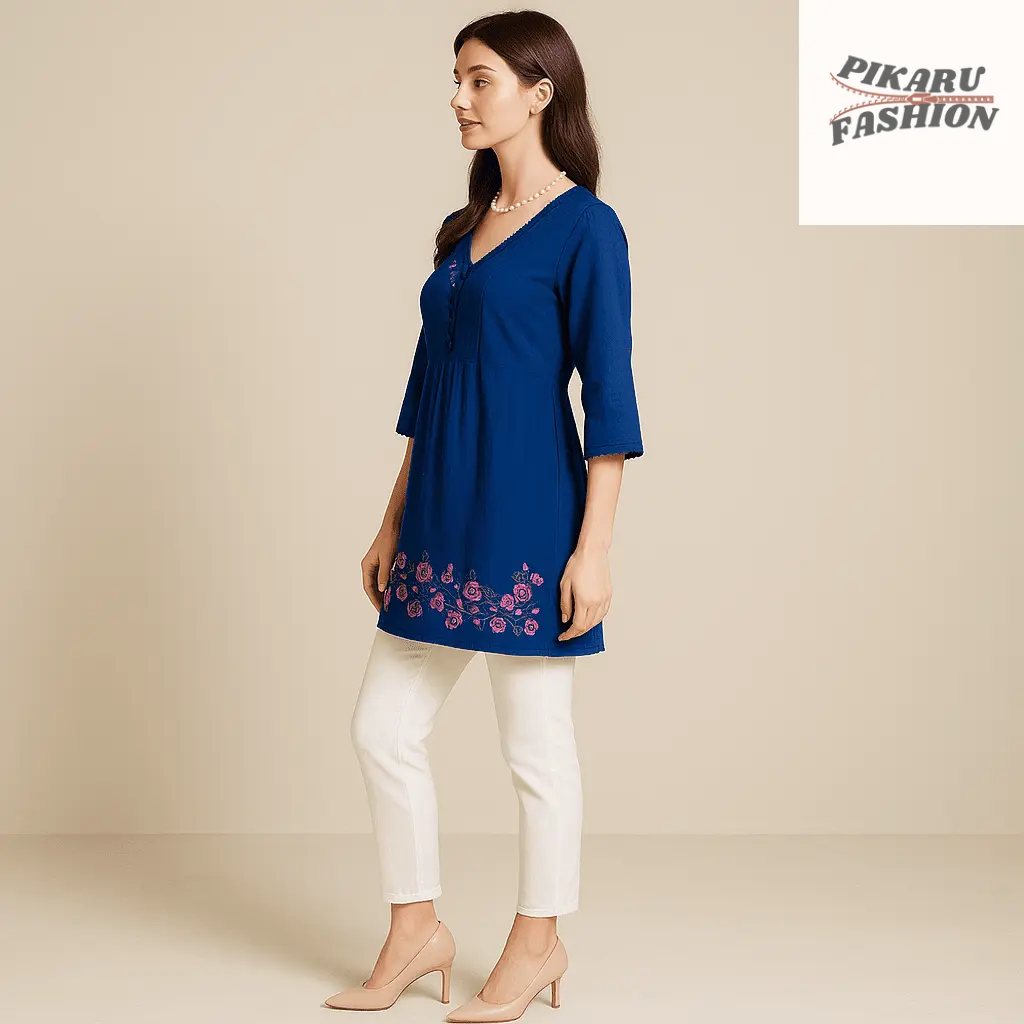 Royal Blue Floral Embroidered Tunic Top - PIKARU FASHION