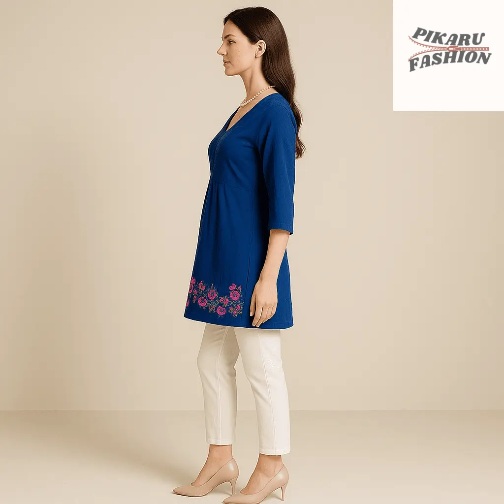 Royal Blue Floral Embroidered Tunic Top - PIKARU FASHION