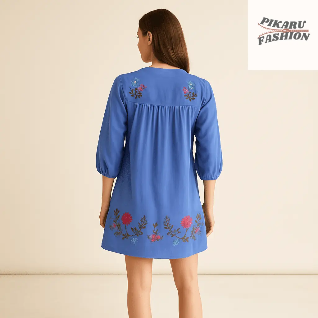 🌸 Embroidered Boho Blue Tunic mini Dress - PIKARU FASHION