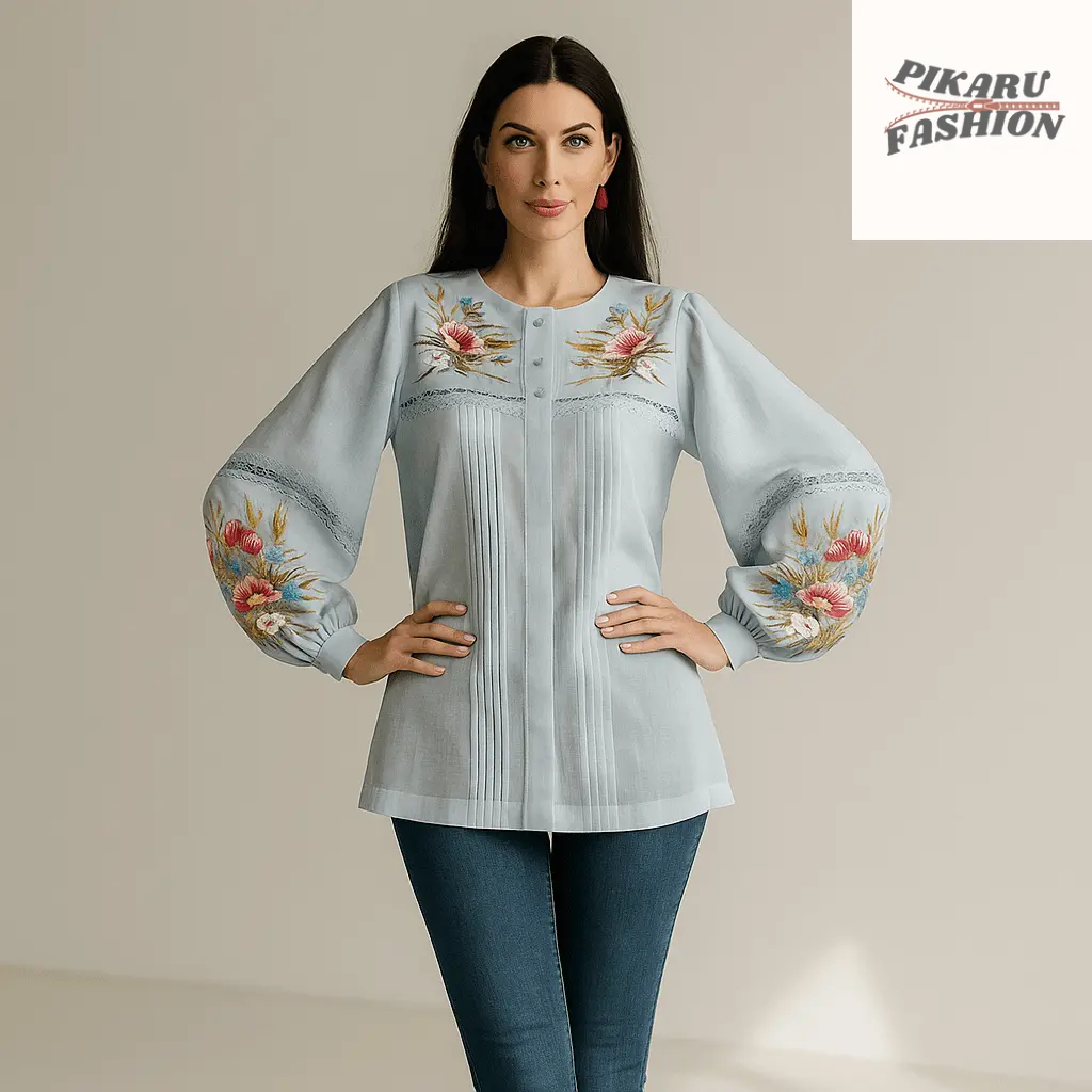 Embroidered Sky Blue Linen Blouse - PIKARU FASHION