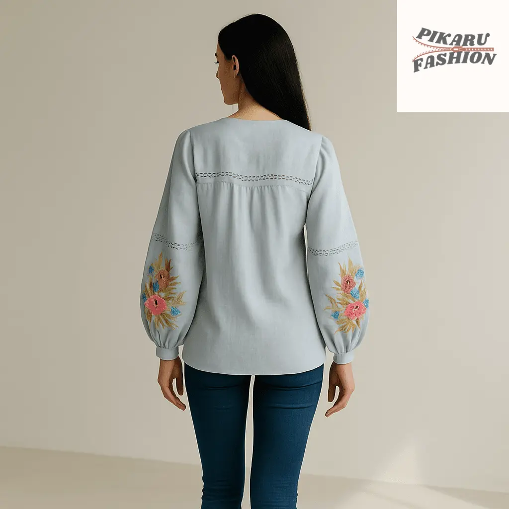 Embroidered Sky Blue Linen Blouse - PIKARU FASHION