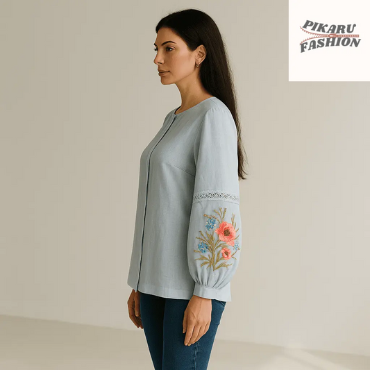 Embroidered Sky Blue Linen Blouse - PIKARU FASHION