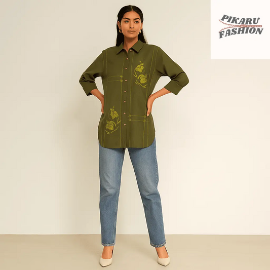 Olive Green Floral Embroidered Cotton Linen Shirt