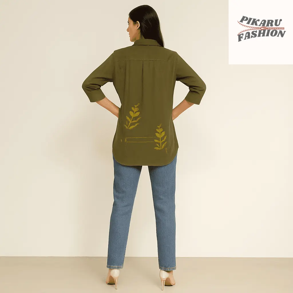 Olive Green Floral Embroidered Cotton Linen Shirt