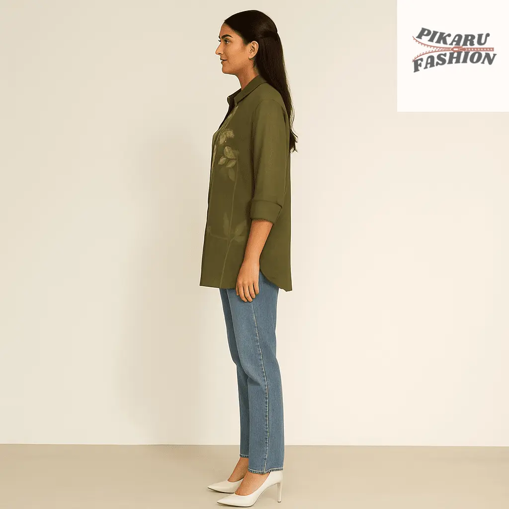 Olive Green Floral Embroidered Cotton Linen Shirt