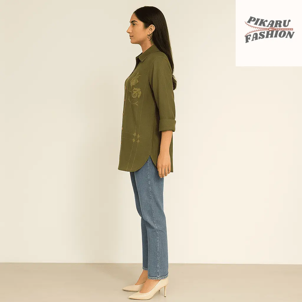 Olive Green Floral Embroidered Cotton Linen Shirt