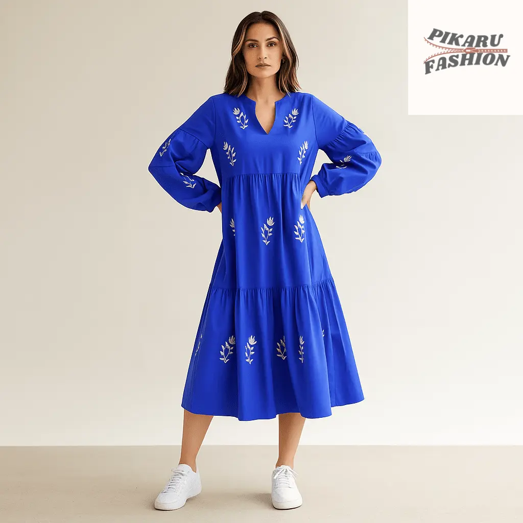 Royal Blue Floral Embroidered Midi Dress - PIKARU FASHION