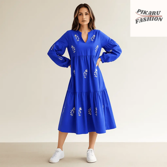 Royal Blue Floral Embroidered Midi Dress - PIKARU FASHION