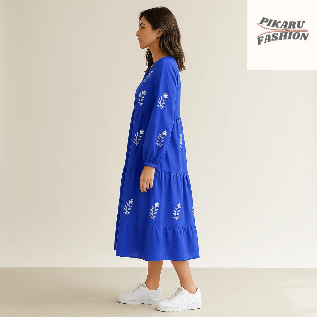 Royal Blue Floral Embroidered Midi Dress - PIKARU FASHION