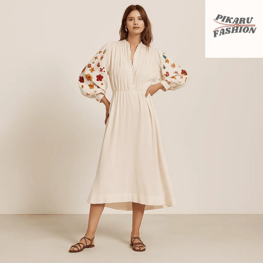 Embroidered Floral Sleeve Midi Dress - PIKARU FASHION