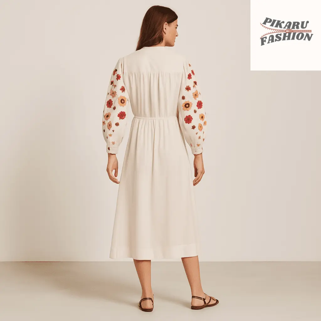 Embroidered Floral Sleeve Midi Dress - PIKARU FASHION