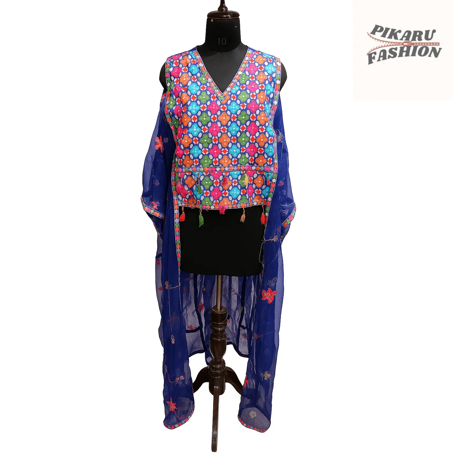 Chiffon embroidery jumpsuit with fringe, vibrant colors and intricate design by Pikaru Fashion.