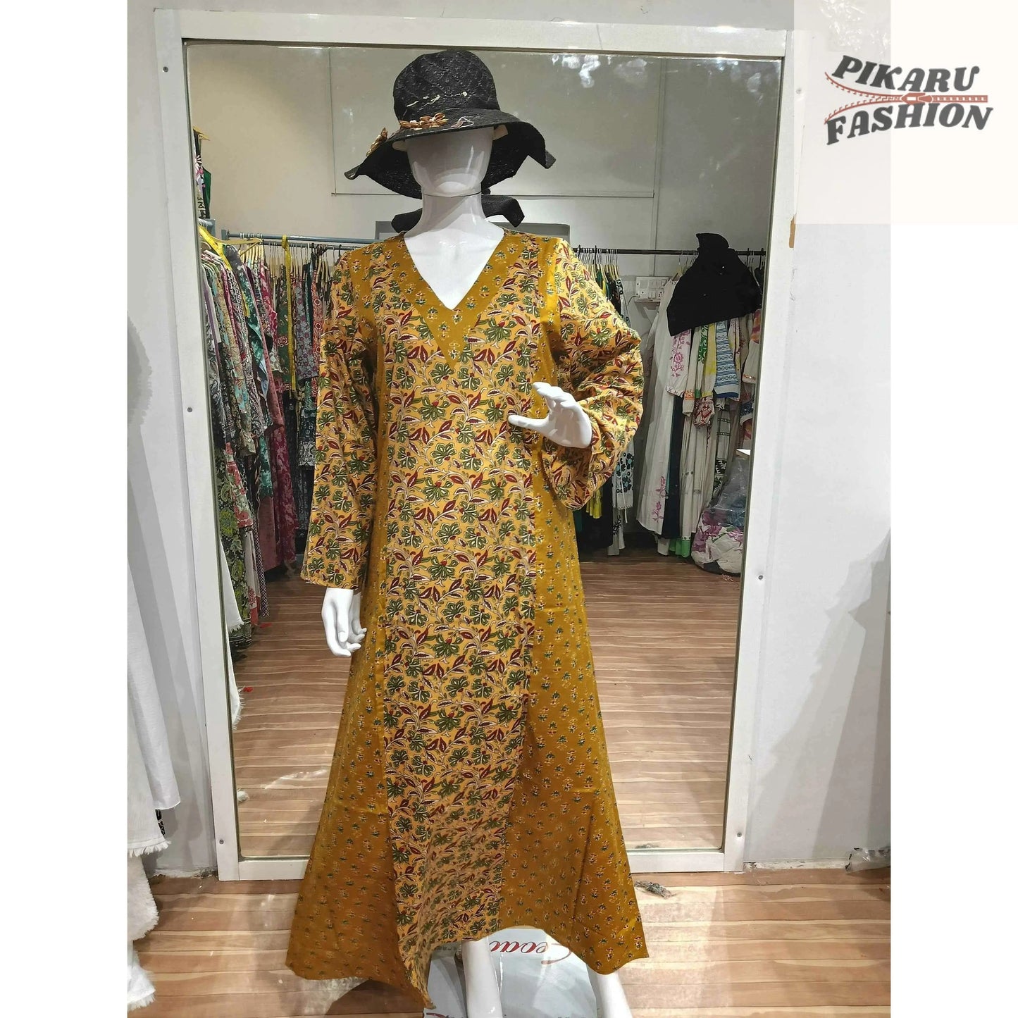 Mustard Floral Block Print Maxi Dress - PIKARU FASHION