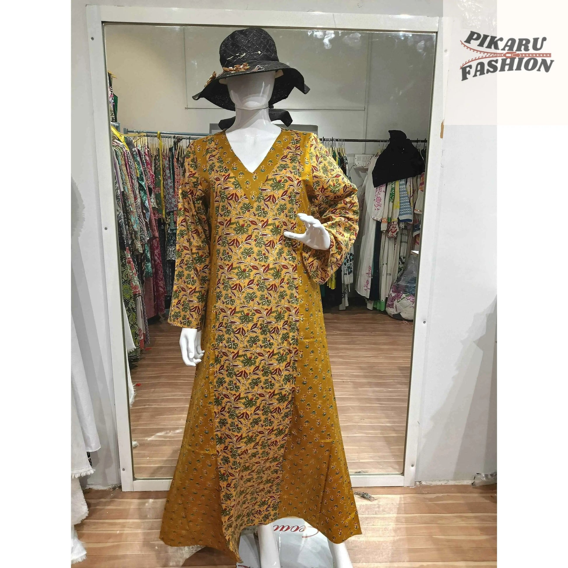 Mustard Floral Block Print Maxi Dress - PIKARU FASHION