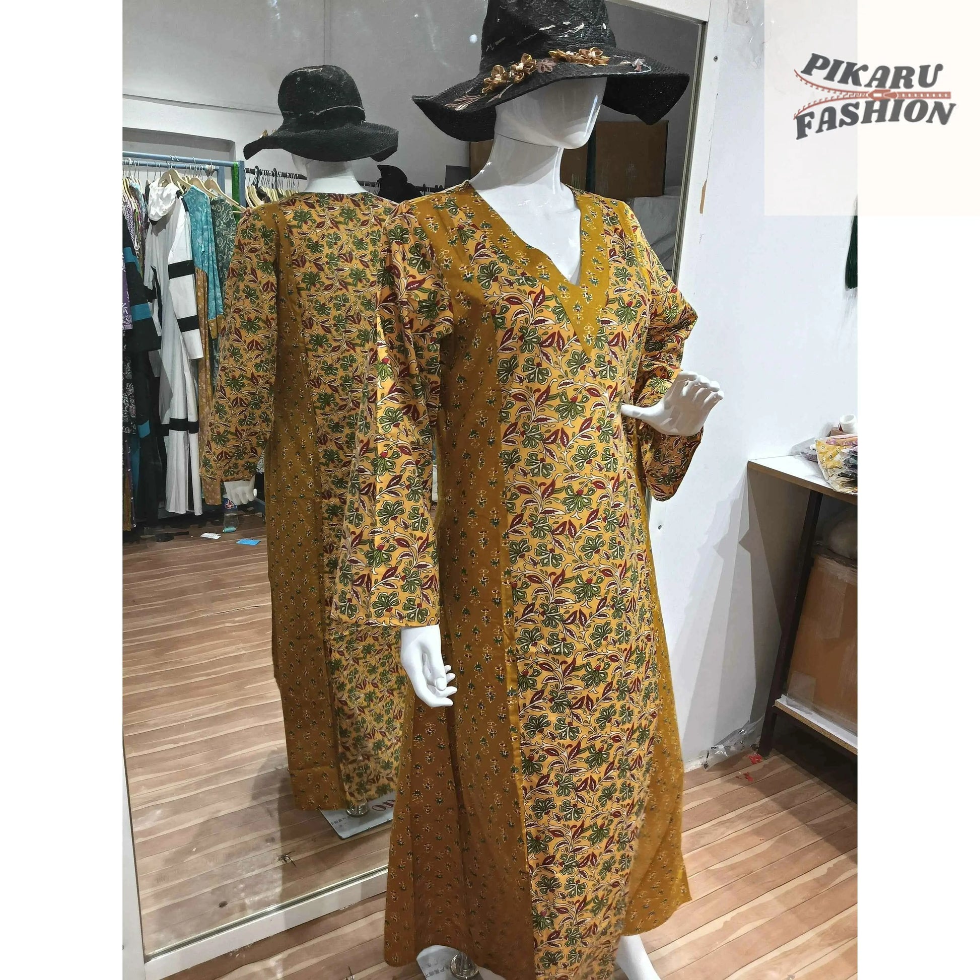 Mustard Floral Block Print Maxi Dress - PIKARU FASHION