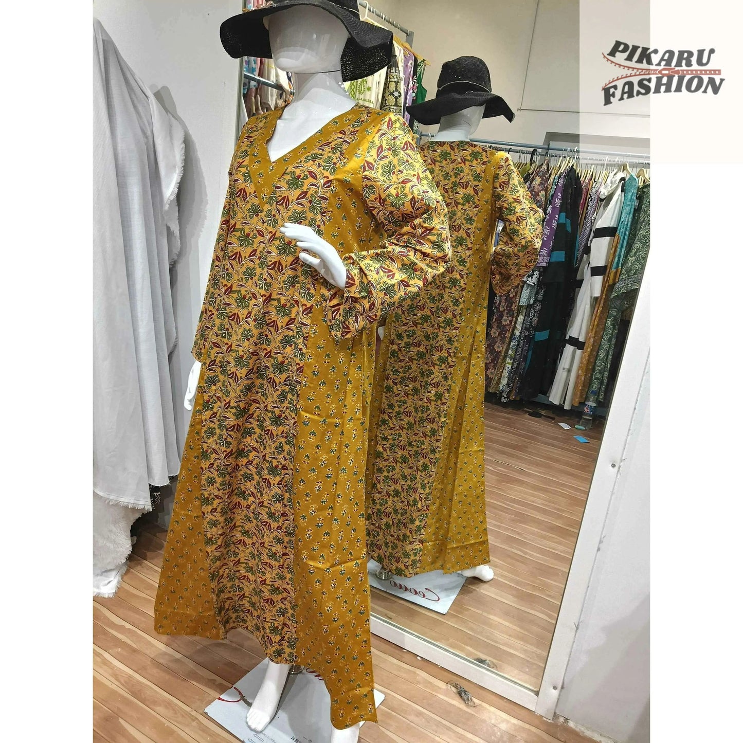 Mustard Floral Block Print Maxi Dress - PIKARU FASHION