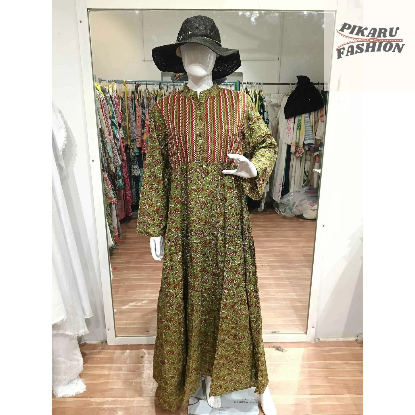Hand-Block Printed Cotton Maxi Dress with Front Buttons - PIKARU FASHION