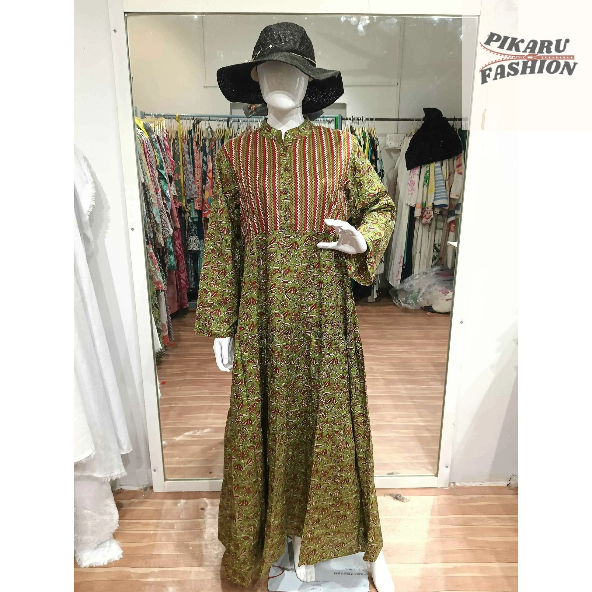 Hand-Block Printed Cotton Maxi Dress with Front Buttons - PIKARU FASHION