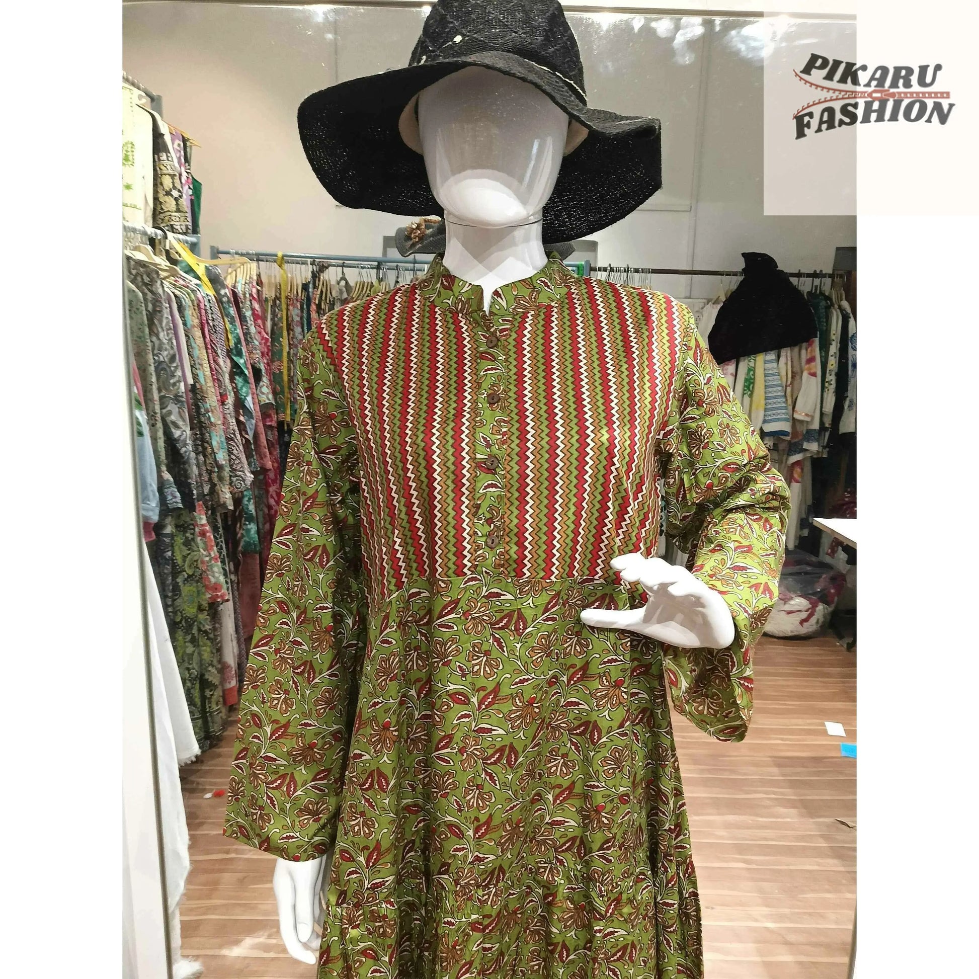Hand-Block Printed Cotton Maxi Dress with Front Buttons - PIKARU FASHION