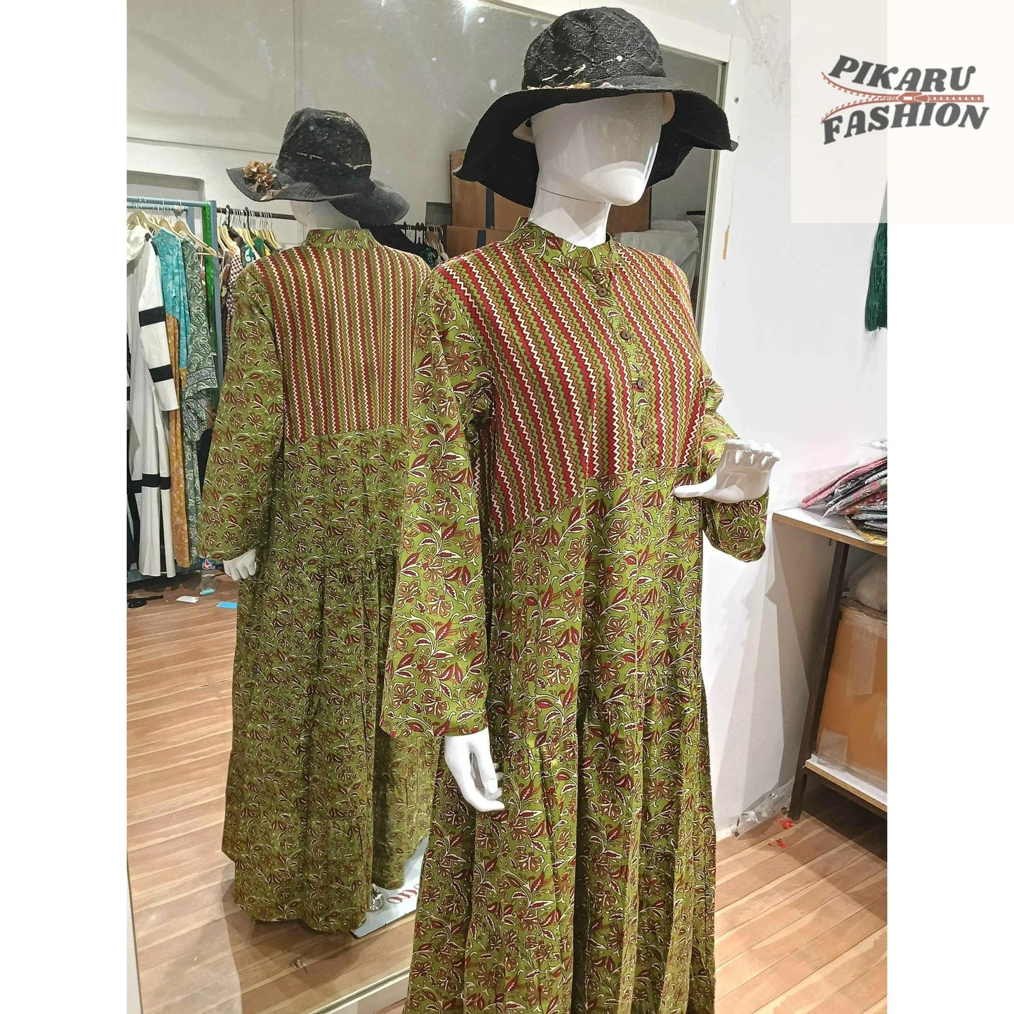 Hand-Block Printed Cotton Maxi Dress with Front Buttons - PIKARU FASHION
