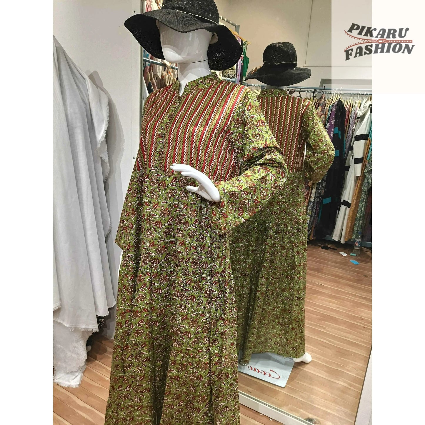 Hand-Block Printed Cotton Maxi Dress with Front Buttons - PIKARU FASHION