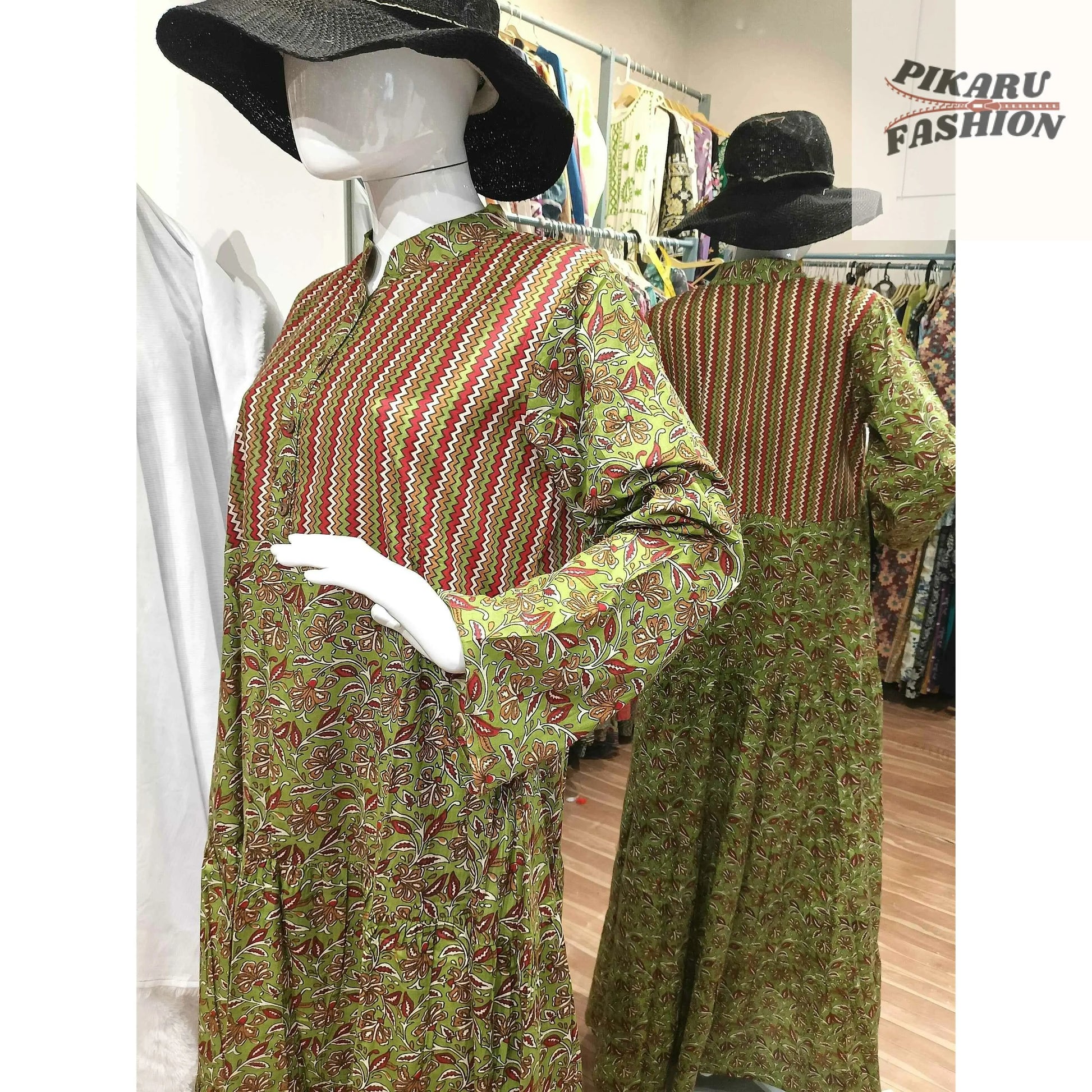 Hand-Block Printed Cotton Maxi Dress with Front Buttons - PIKARU FASHION