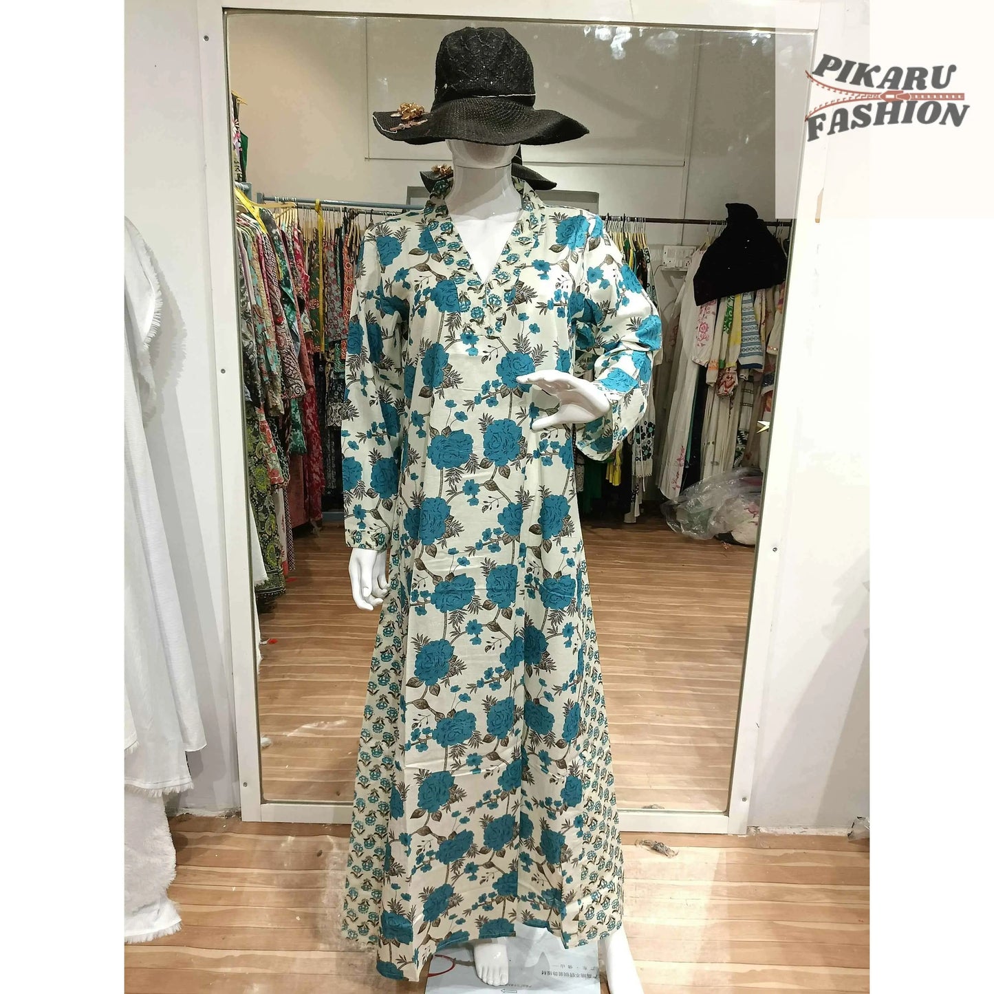 Elegant Floral Printed Cotton Maxi Dress – Blue & White - PIKARU FASHION