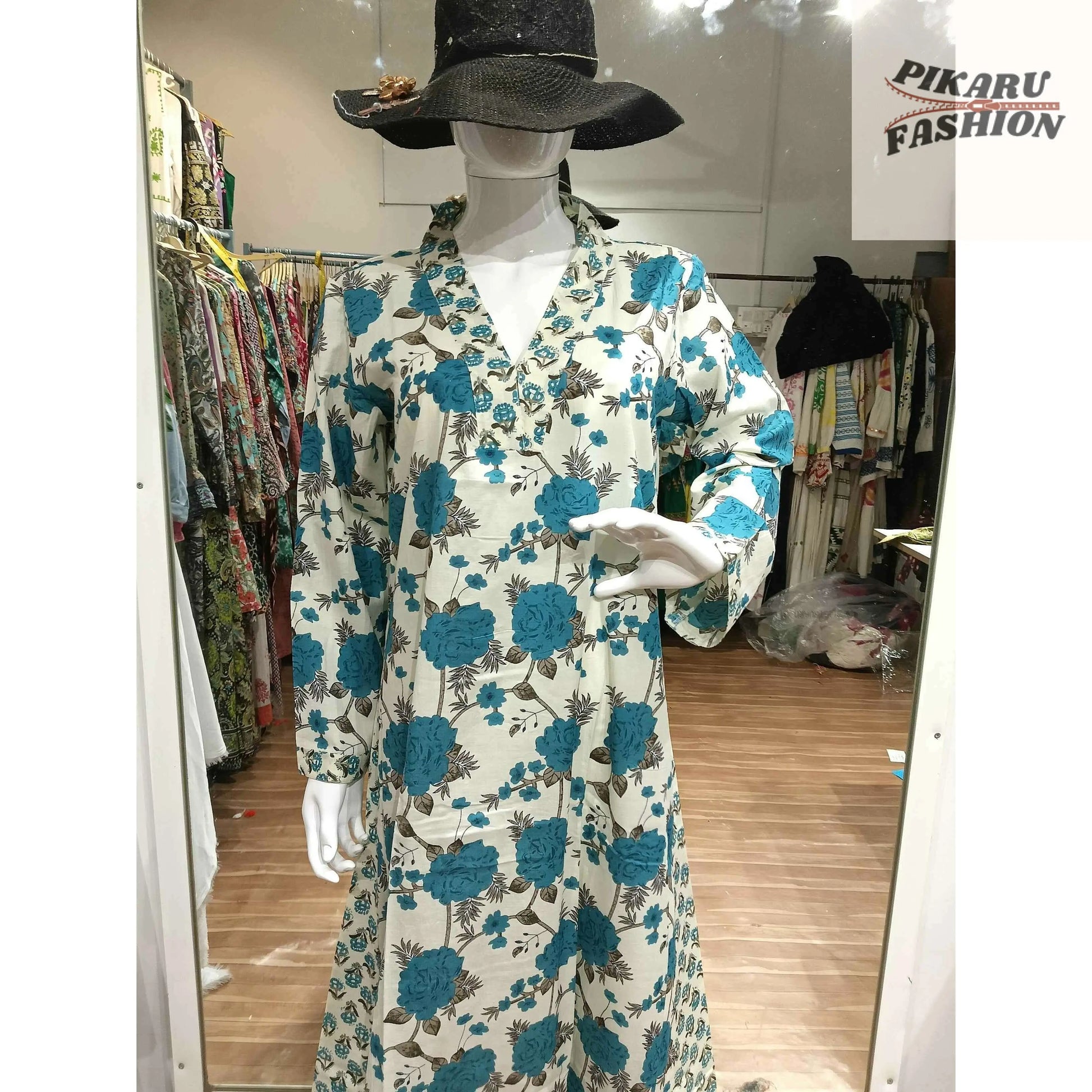Elegant Floral Printed Cotton Maxi Dress – Blue & White - PIKARU FASHION