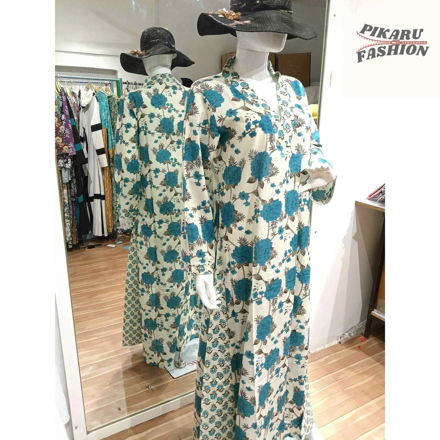 Elegant Floral Printed Cotton Maxi Dress – Blue & White - PIKARU FASHION