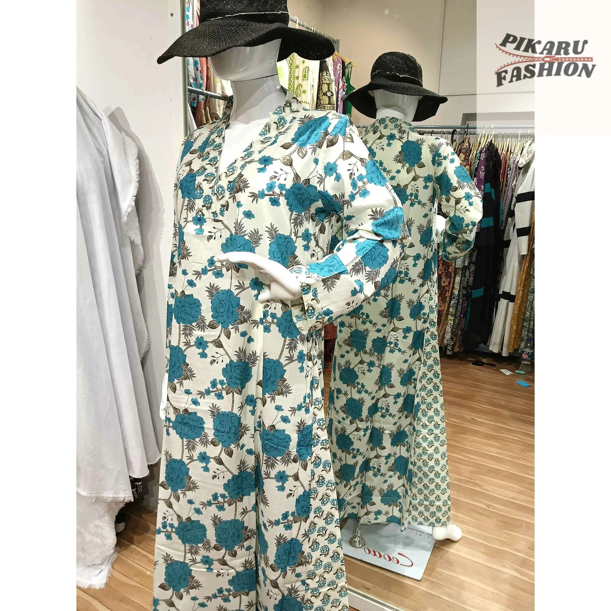 Elegant Floral Printed Cotton Maxi Dress – Blue & White - PIKARU FASHION