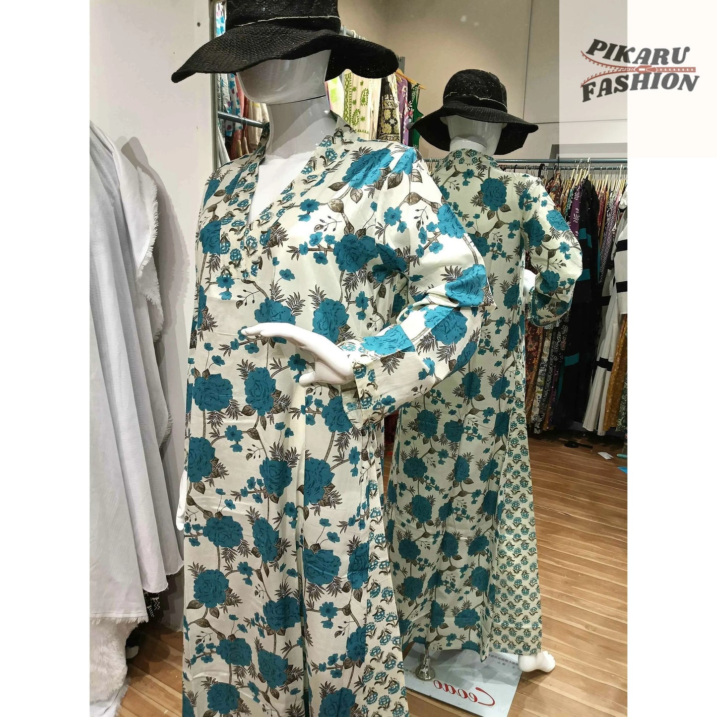 Elegant Floral Printed Cotton Maxi Dress – Blue & White - PIKARU FASHION