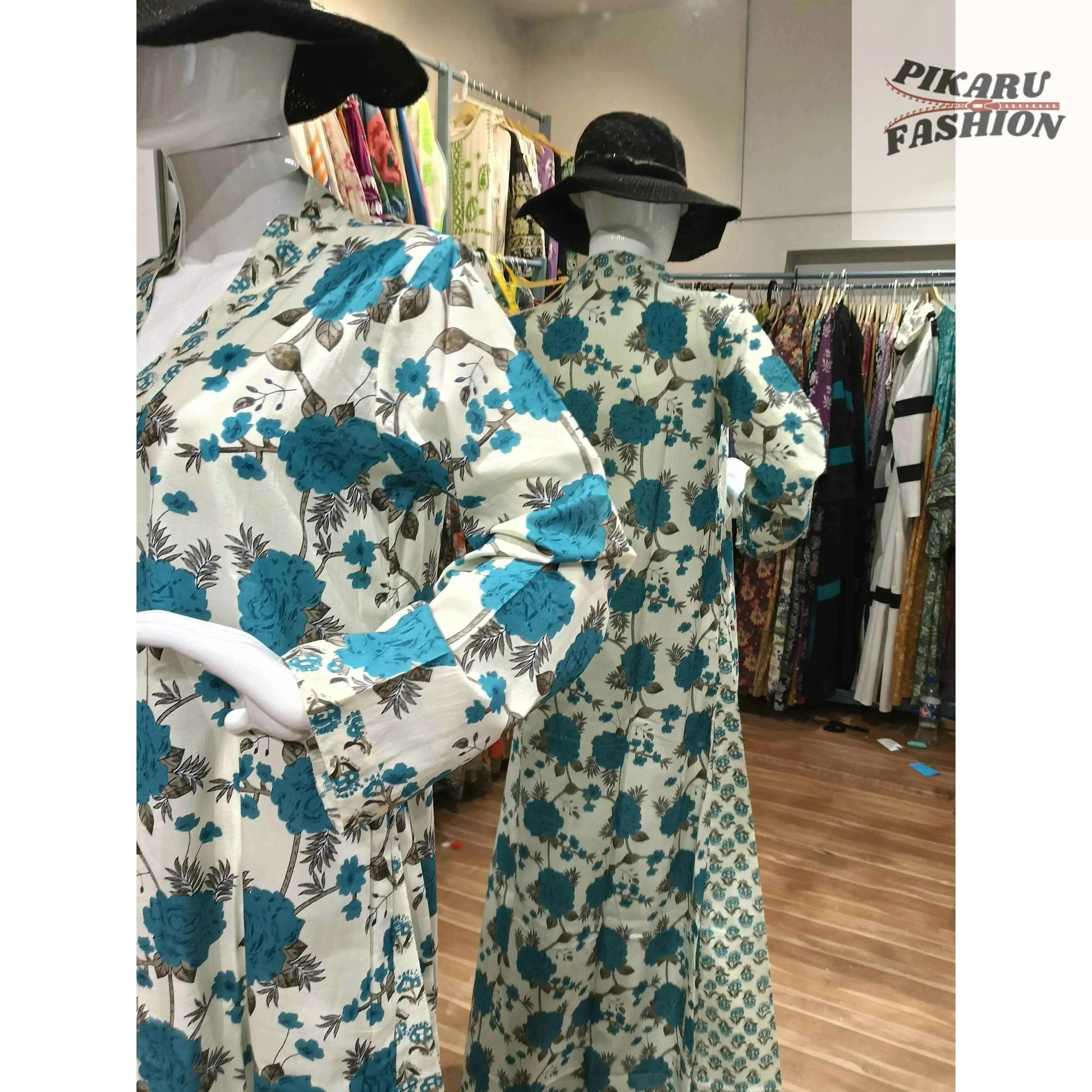 Elegant Floral Printed Cotton Maxi Dress – Blue & White - PIKARU FASHION