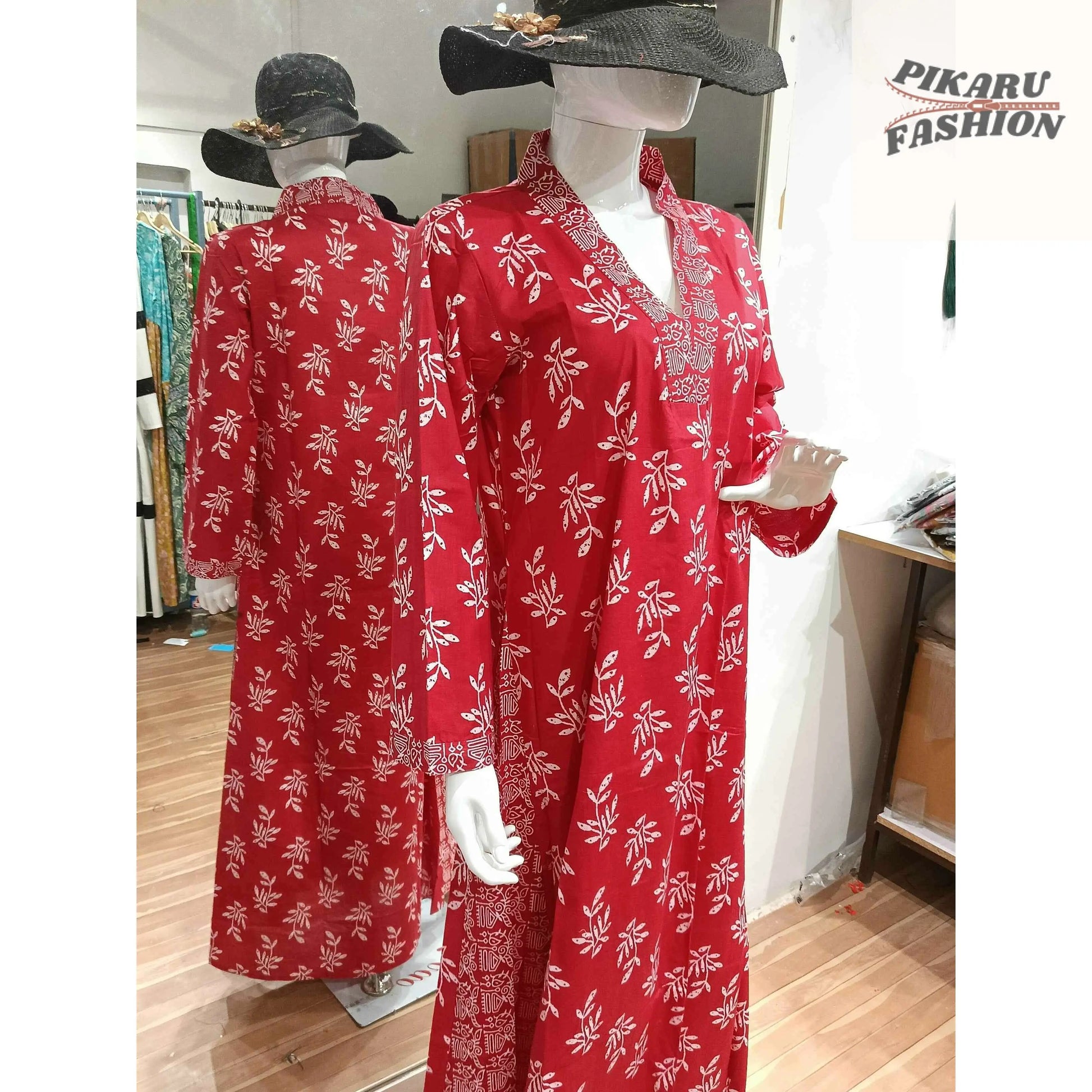 Red Hand-Block Printed Cotton Maxi Dress - PIKARU FASHION